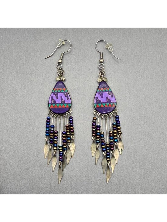 Unbranded Jewelry - VTG Southwestern Dangle Earrings 3.75" Purple Beaded Fringe Aztec Boho Tribal